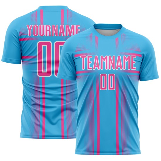 Maglia da calcio personalizzata Sky Lines rosa-bianca blu con stampa sublimatica Maglia da calcio personalizzata Sky Lines rosa-bianca blu con stampa sublimatica