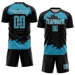 Maglia da calcio personalizzata con frammento nero, uniforme astratta da calcio, stampata in sublimazione blu-bianca Panther Maglia da calcio personalizzata con frammento nero, uniforme astratta da calcio, stampata in sublimazione blu-bianca Panther