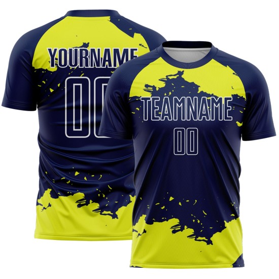 Maglia personalizzata, uniforme, arte, giallo-bianco, neon, astratto, calcio, frammento blu navy, sublimazione Maglia personalizzata, uniforme, arte, giallo-bianco, neon, astratto, calcio, frammento blu navy, sublimazione