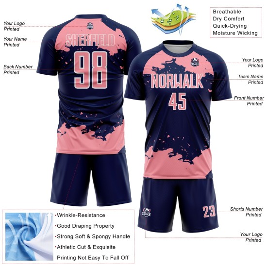Maglia da calcio personalizzata con stampa a sublimazione, motivo astratto rosa-bianco blu navy, frammento d'arte di medie dimensioni Maglia da calcio personalizzata con stampa a sublimazione, motivo astratto rosa-bianco blu navy, frammento d'arte di medie dimensioni
