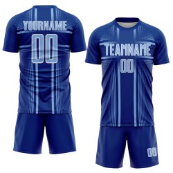 Maglia da calcio personalizzata Royal Soccer con linee chiare stampate a sublimazione, blu e bianco Maglia da calcio personalizzata Royal Soccer con linee chiare stampate a sublimazione, blu e bianco