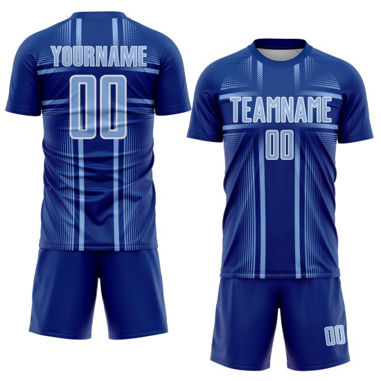 Maglia da calcio personalizzata Royal Soccer con linee chiare stampate a sublimazione, blu e bianco Maglia da calcio personalizzata Royal Soccer con linee chiare stampate a sublimazione, blu e bianco