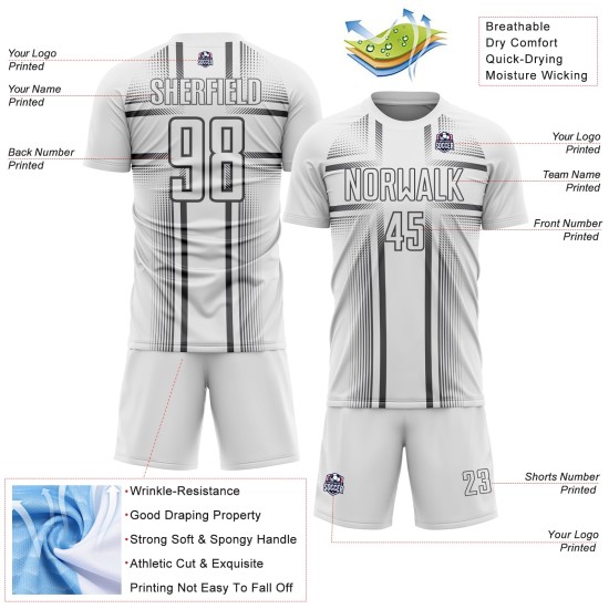Maglia da calcio personalizzata con stampa sublimatica, uniforme in acciaio, bianca e grigia Maglia da calcio personalizzata con stampa sublimatica, uniforme in acciaio, bianca e grigia