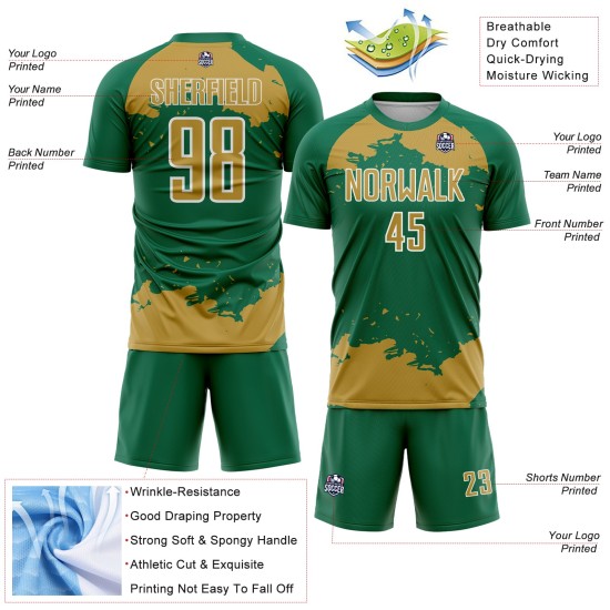 Maglia da calcio Kelly Soccer, vecchia uniforme con stampa a sublimazione, personalizzata con frammenti astratti, verde oro e bianco