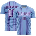 Maglia da calcio blu chiaro con stampa sublimatica viola-bianca, uniforme personalizzata Maglia da calcio blu chiaro con stampa sublimatica viola-bianca, uniforme personalizzata