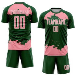 Frammento di uniforme da calcio con stampa a sublimazione astratta rosa-bianca su maglia verde personalizzata Frammento di uniforme da calcio con stampa a sublimazione astratta rosa-bianca su maglia verde personalizzata