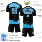 Maglia da calcio personalizzata blu-bianca con frammento di arte astratta, uniforme da calcio nera stampata a sublimazione Maglia da calcio personalizzata blu-bianca con frammento di arte astratta, uniforme da calcio nera stampata a sublimazione