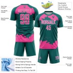 Maglia da calcio personalizzata con frammento astratto color verde acqua, uniforme rosa-bianca, stampata a sublimazione artistica Maglia da calcio personalizzata con frammento astratto color verde acqua, uniforme rosa-bianca, stampata a sublimazione artistica