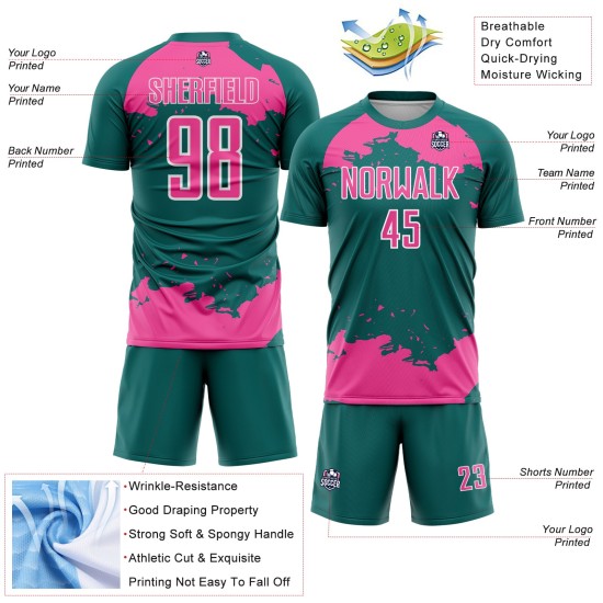 Maglia da calcio personalizzata con frammento astratto color verde acqua, uniforme rosa-bianca, stampata a sublimazione artistica Maglia da calcio personalizzata con frammento astratto color verde acqua, uniforme rosa-bianca, stampata a sublimazione artistica