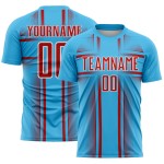 Maglia da calcio personalizzata con sublimazione, linee blu, uniforme rossa e bianca Maglia da calcio personalizzata con sublimazione, linee blu, uniforme rossa e bianca