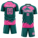 Maglia da calcio personalizzata con frammento astratto color verde acqua, uniforme rosa-bianca, stampata a sublimazione artistica Maglia da calcio personalizzata con frammento astratto color verde acqua, uniforme rosa-bianca, stampata a sublimazione artistica