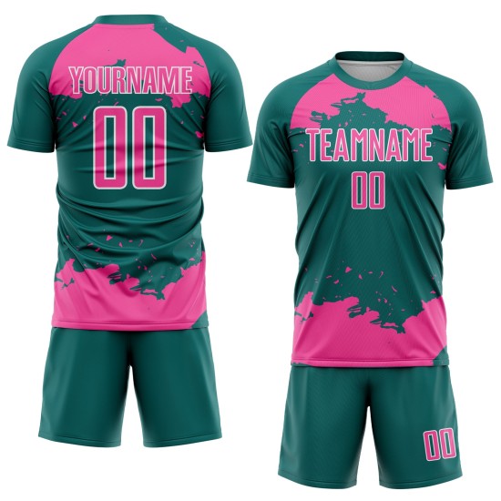 Maglia da calcio personalizzata con frammento astratto color verde acqua, uniforme rosa-bianca, stampata a sublimazione artistica Maglia da calcio personalizzata con frammento astratto color verde acqua, uniforme rosa-bianca, stampata a sublimazione artistica