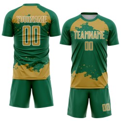 Maglia da calcio Kelly Soccer, vecchia uniforme con stampa a sublimazione, personalizzata con frammenti astratti, verde oro e bianco Maglia da calcio Kelly Soccer, vecchia uniforme con stampa a sublimazione, personalizzata con frammenti astratti, verde oro e bianco