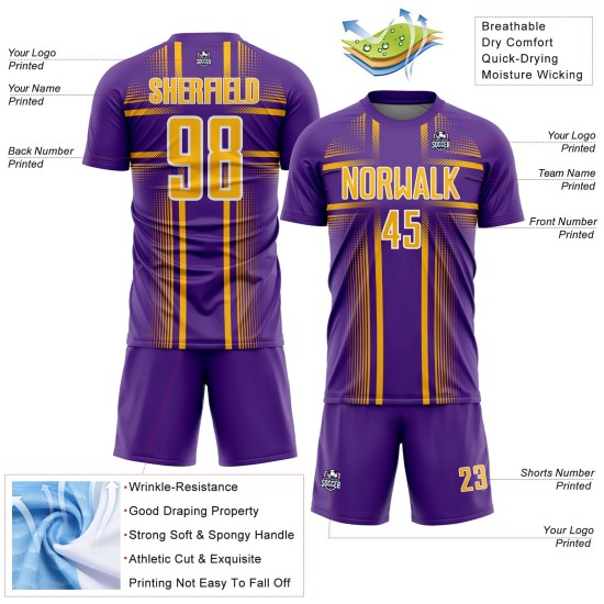 Maglia da calcio personalizzata con linee bianche e oro stampate a sublimazione, uniforme viola