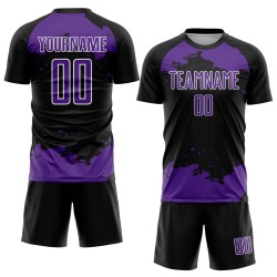 Maglia da calcio astratta personalizzata, frammento nero, arte uniforme viola-bianca, sublimazione Maglia da calcio astratta personalizzata, frammento nero, arte uniforme viola-bianca, sublimazione
